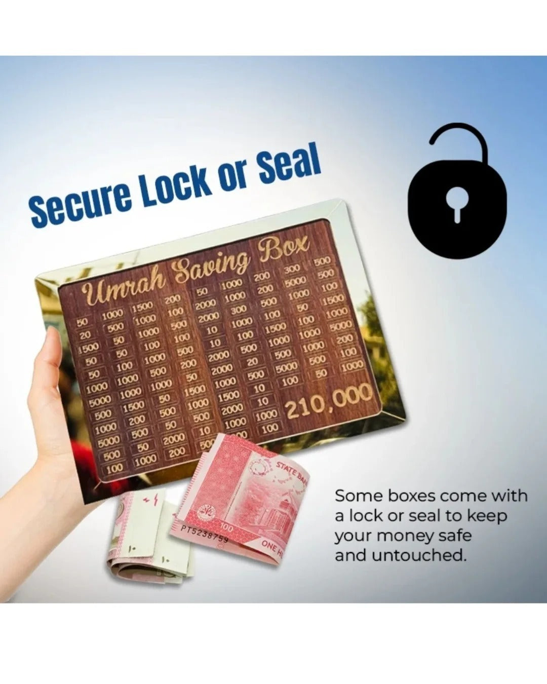 Wooden Umrah Saving Box | Premium Money Box with 210,000 Goal Tracker | Elegant Islamic Design for Charity, Donations & Umrah Fund